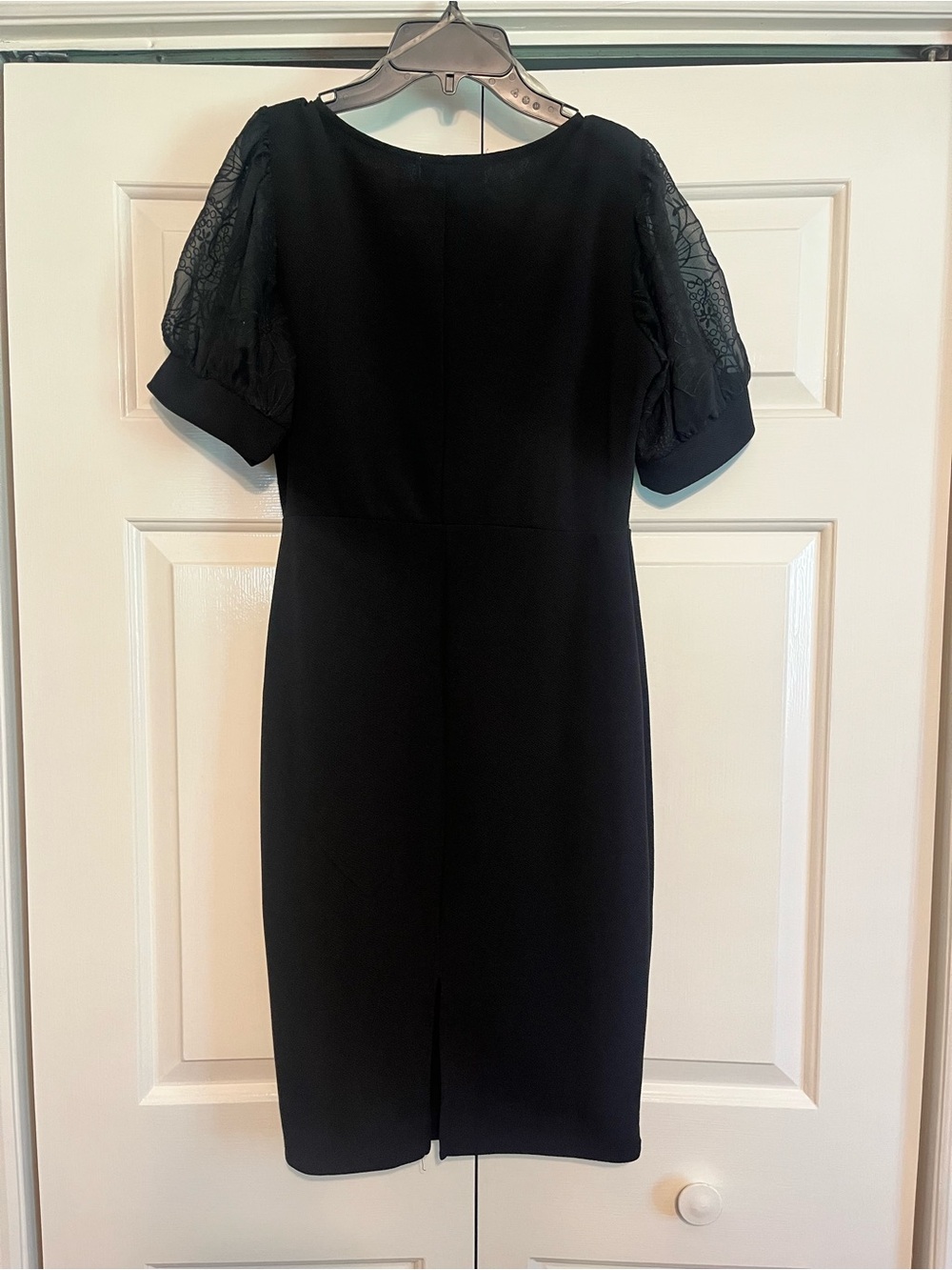 Classic Black Sheath Dress with Lace Puff Sleeves